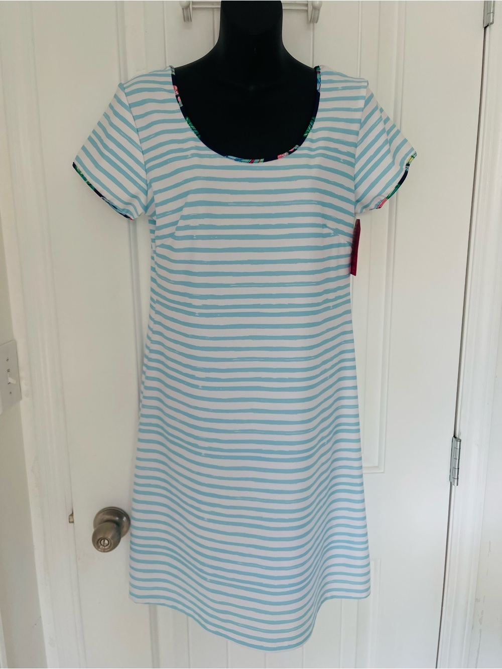 Kaeli Smith Light Blue & White Striped Scoop Dress with Floral Trim